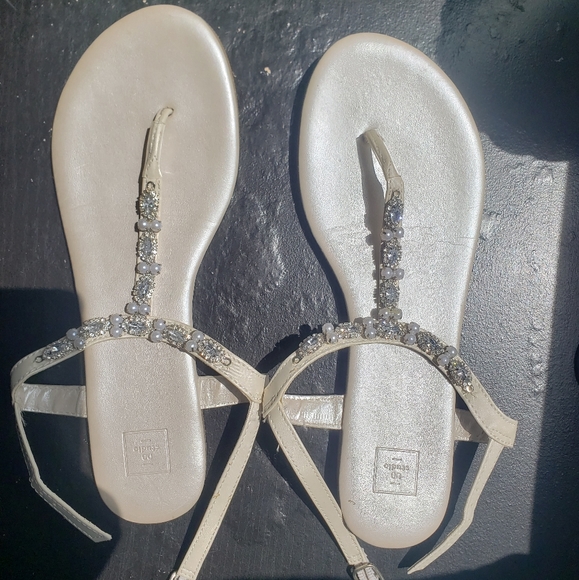 Davids Bridal White Pearl and Crystal T Strap Sandals - Picture 1 of 6